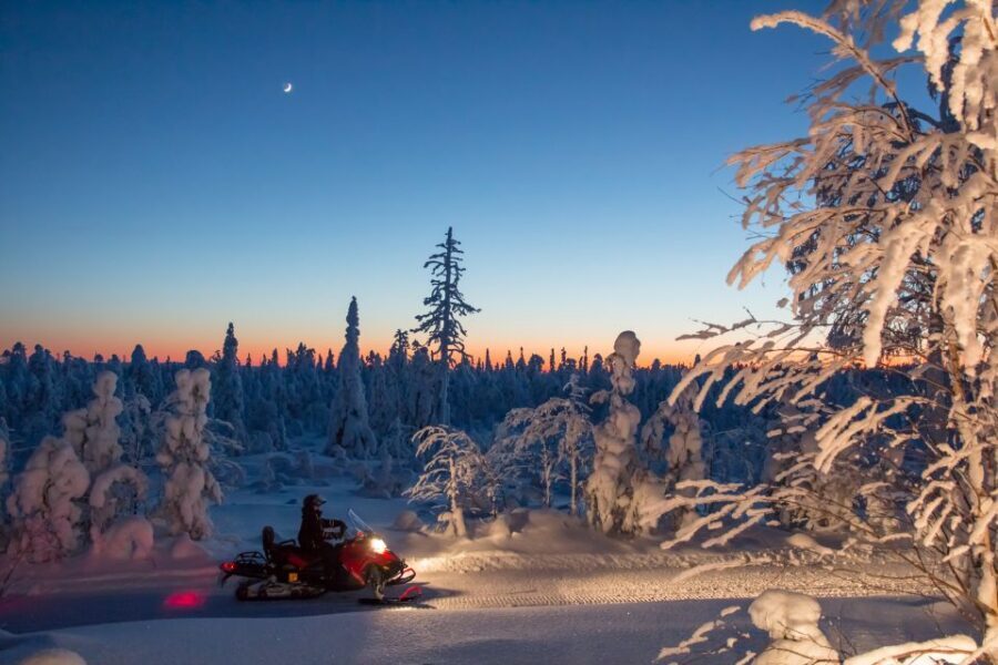 Rovaniemi: Snowmobile Safari & Campfire Evening Escape - Entering the pitch-dark woods with real snowmobile time